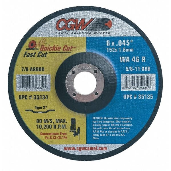 CGW Abrasives 35132 Quickie Cut Fast Cut Thin Depressed Center Wheel 4-1/2 in Dia x 0.045 in THK