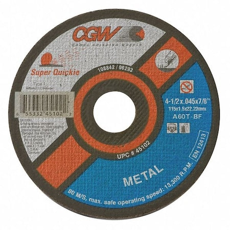 Cgw Abrasives 45102 CutOff Whl 4.5x0.045x7/8 T1 A60TBF Spr