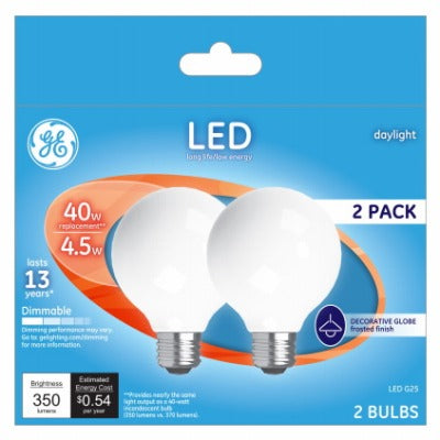GE G E Lighting 28357 Led G25 Globe Bulb 4.5W 5000K 2 Pack