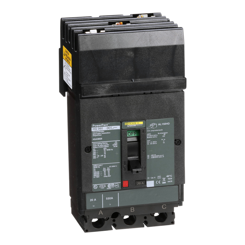 Square D HGA36020 Molded Case Circuit Breaker 600 Volt 20 Amp