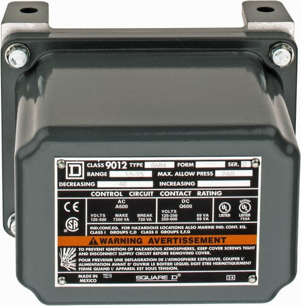 SCHNEIDER ELECTRIC Square D 9012GAR4 Pressure Switch 1.5-75 Psig Nema 7 9