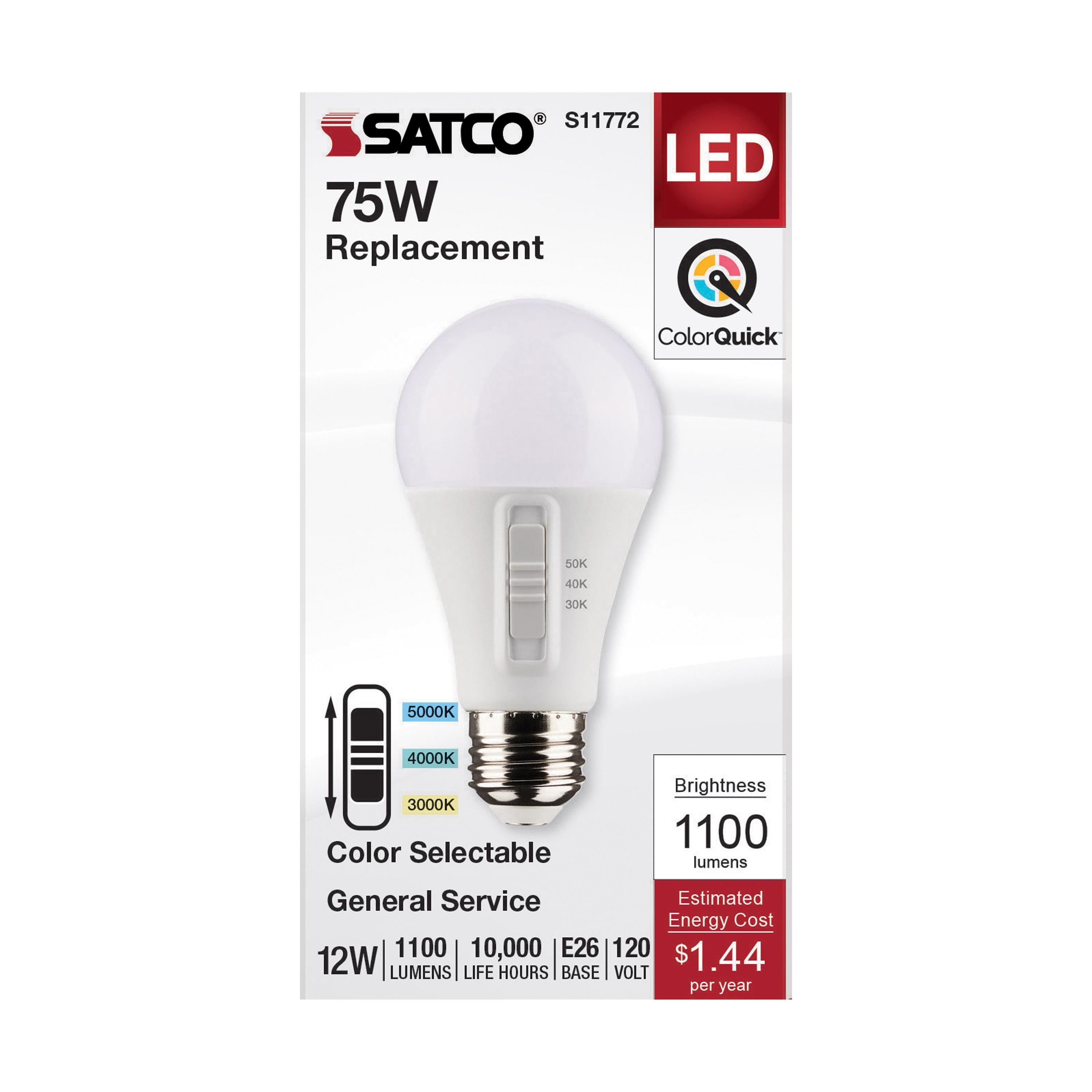 SATCO S11772 Non-Dimmable Type A Lamp, 12 W, 75 W Incandescent Equivalent, E26 Medium Lamp Base, A19 Shape, 1100 Lumens