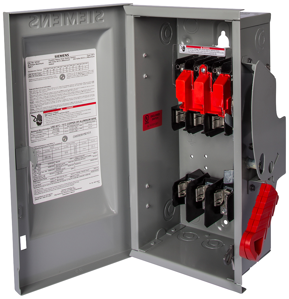 Siemens HF364N 480/600 VAC/250/600 VDC 200 Amp 3-Pole 4-Wire NEMA 1 Heavy Duty Fusible Safety Switch