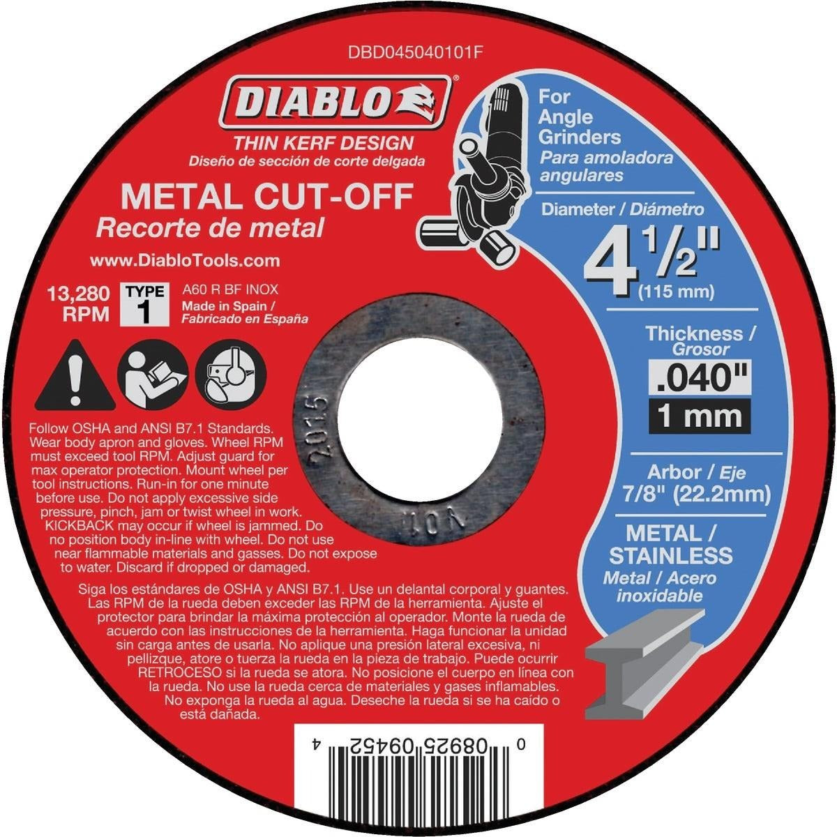 DIABLO Diablo DBD045040101F Type 1 Metal Cut-Off Wheel (4-1/2 in x 0.040 in x 7/8 in)