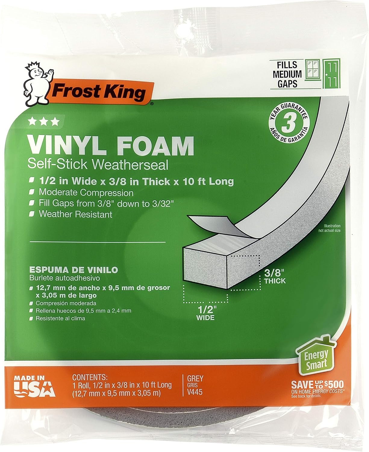 FROST KING Frost King V445H Vinyl foam tape closed cell moderate compression (1/2 in x 3/8 in x 10 ft)