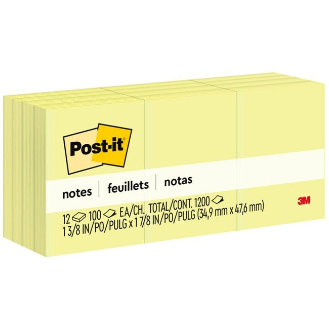 3M 3M MMM653YW Post-it Notes Original Notepads 1.5 x 2 Inches (12 Pack)