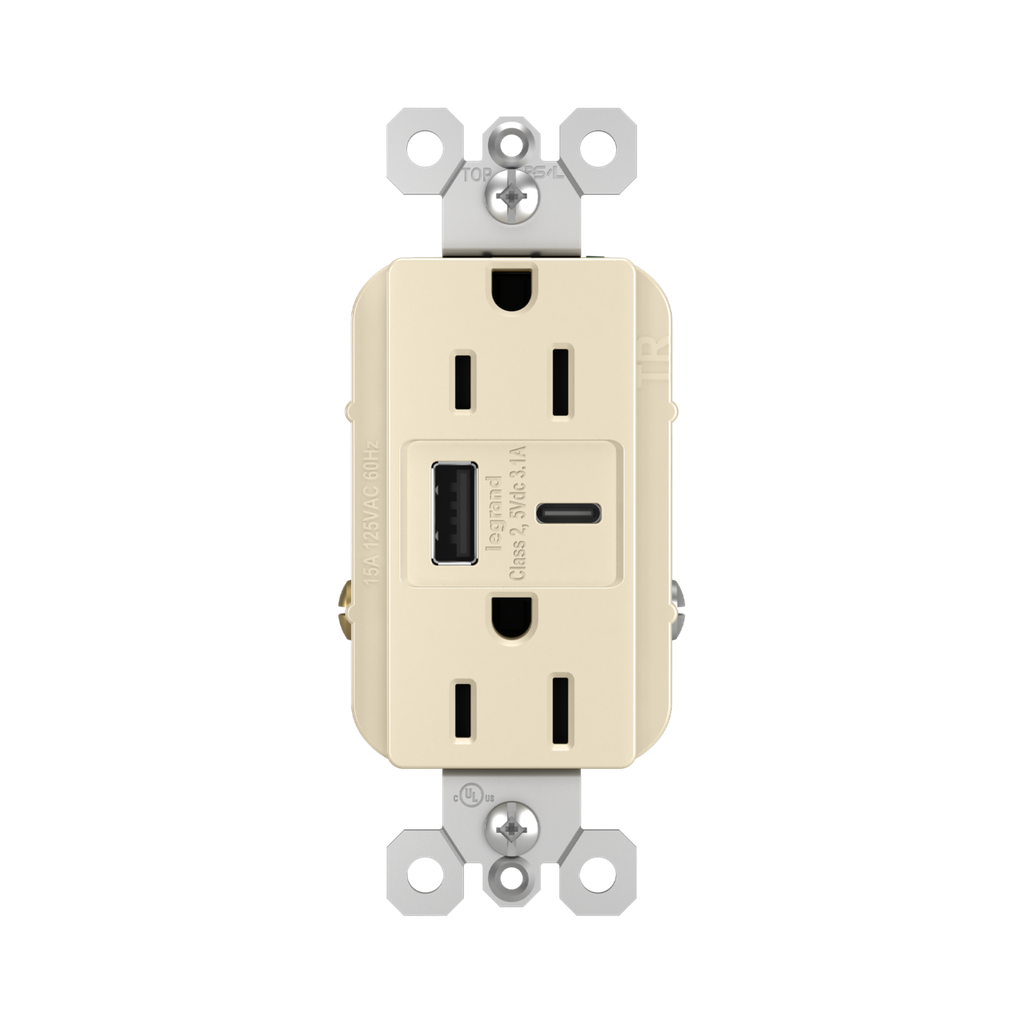 Pass & Seymour R26USBACLA Combination USB Charger & Duplex Receptacle Device Light Almond