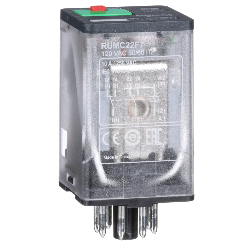 Schneider Electric RUMC22F7 Square D 120 VAC 10 Amp 2CO Din Rail/Panel Mount Plug-In Relay