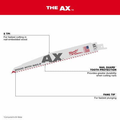 MILWAUKEE Milwaukee 48-00-5026 9 Inch 5 Tpi Ax Reciprocating Saw Blade 5 Pack