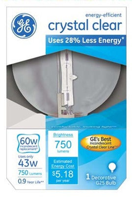 GE G E Lighting 60076 Clear G25 Halogen Bulb 43W