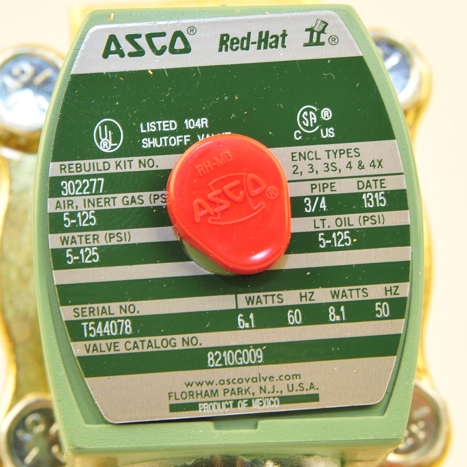 ASCO 8210G9HW 3/4 Inch NPT 120V Brass Solenoid Valve for Hot Water Service