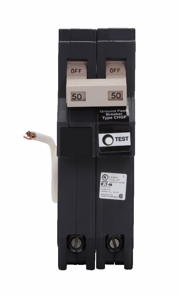 Eaton CH220GFT Type CH Ground Fault Self-Test Circuit Breaker, 120/240 VAC, 20 Amp, 10 kAIC, 2-Pole