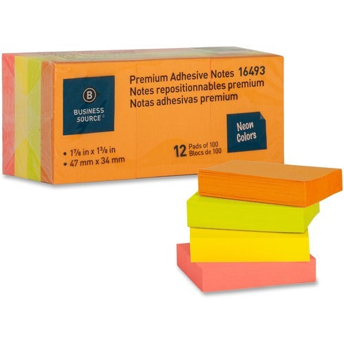 BUSINESS SOURCE Business Source BSN16493 Adhesive Notes Neon 1.5x2 in 12 Pack
