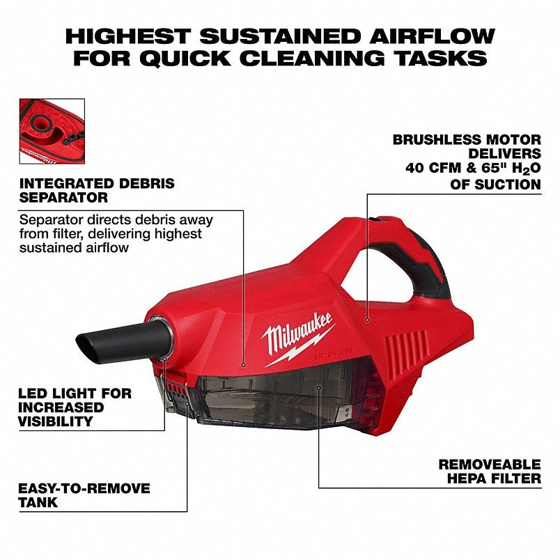 MILWAUKEE Milwaukee 0892-20 Cordless Handheld Vacuum 40 Cfm 18V