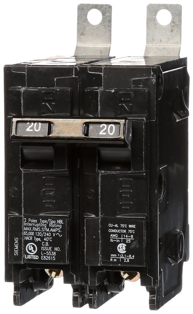 Siemens B220HH 2-Pole 20 Amp 120/240 VAC 65 kA Bolt-On Molded Case Circuit Breaker