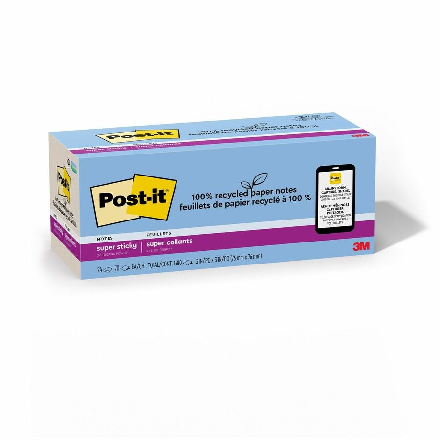 3M 3M MMM654R24SSTCP Post-it Recycled Super Sticky Notes (3 x 3 / 24 Pack) 654R24SSTCP