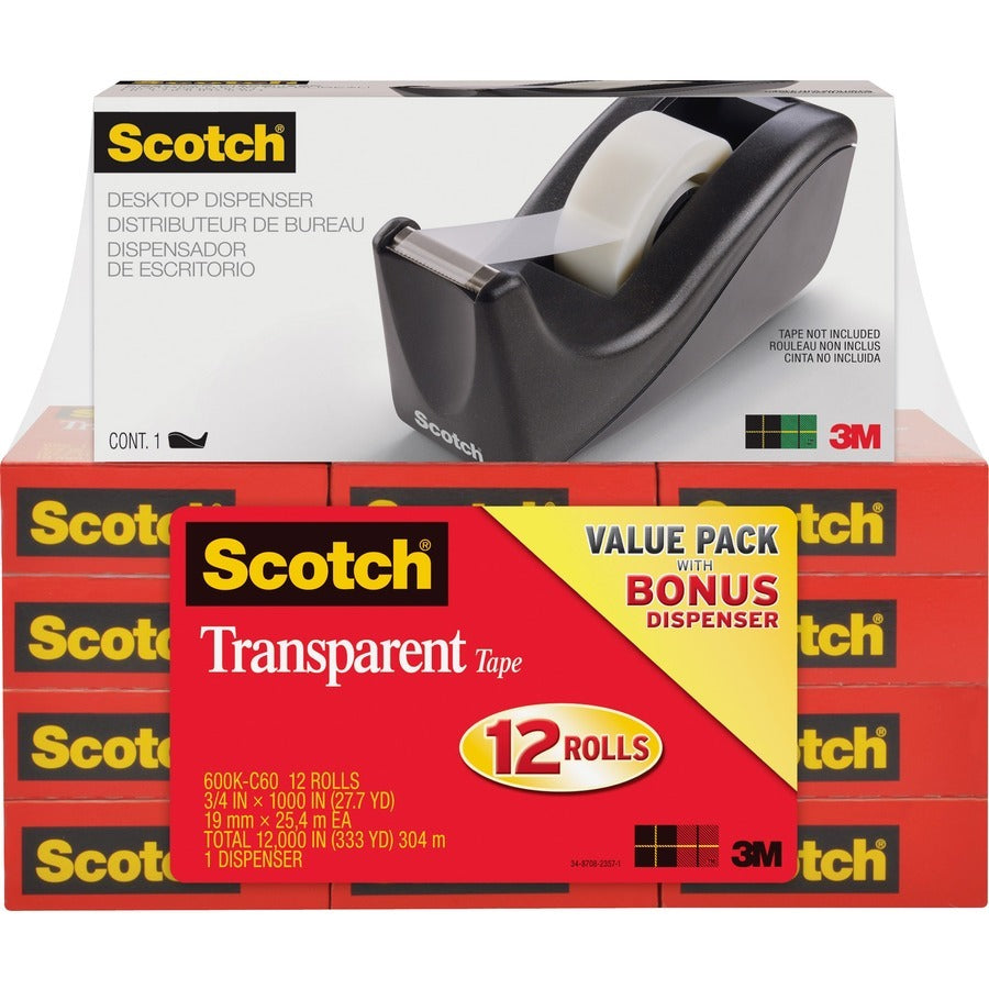 3M 3M MMM600KC60 Transparent Tape and Scotch C60 Dispenser (12/Pack) 600K-C60