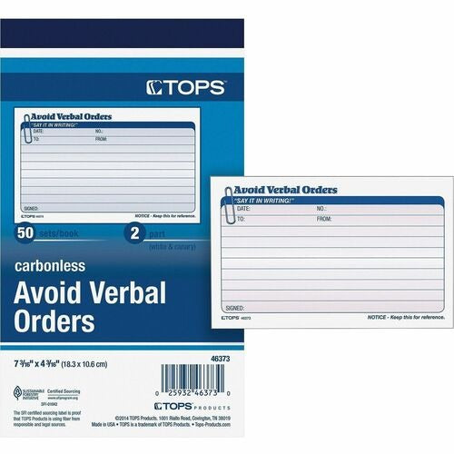 TOPS Tops TOP46373 Avoid Verbal Orders Carbonless Book
