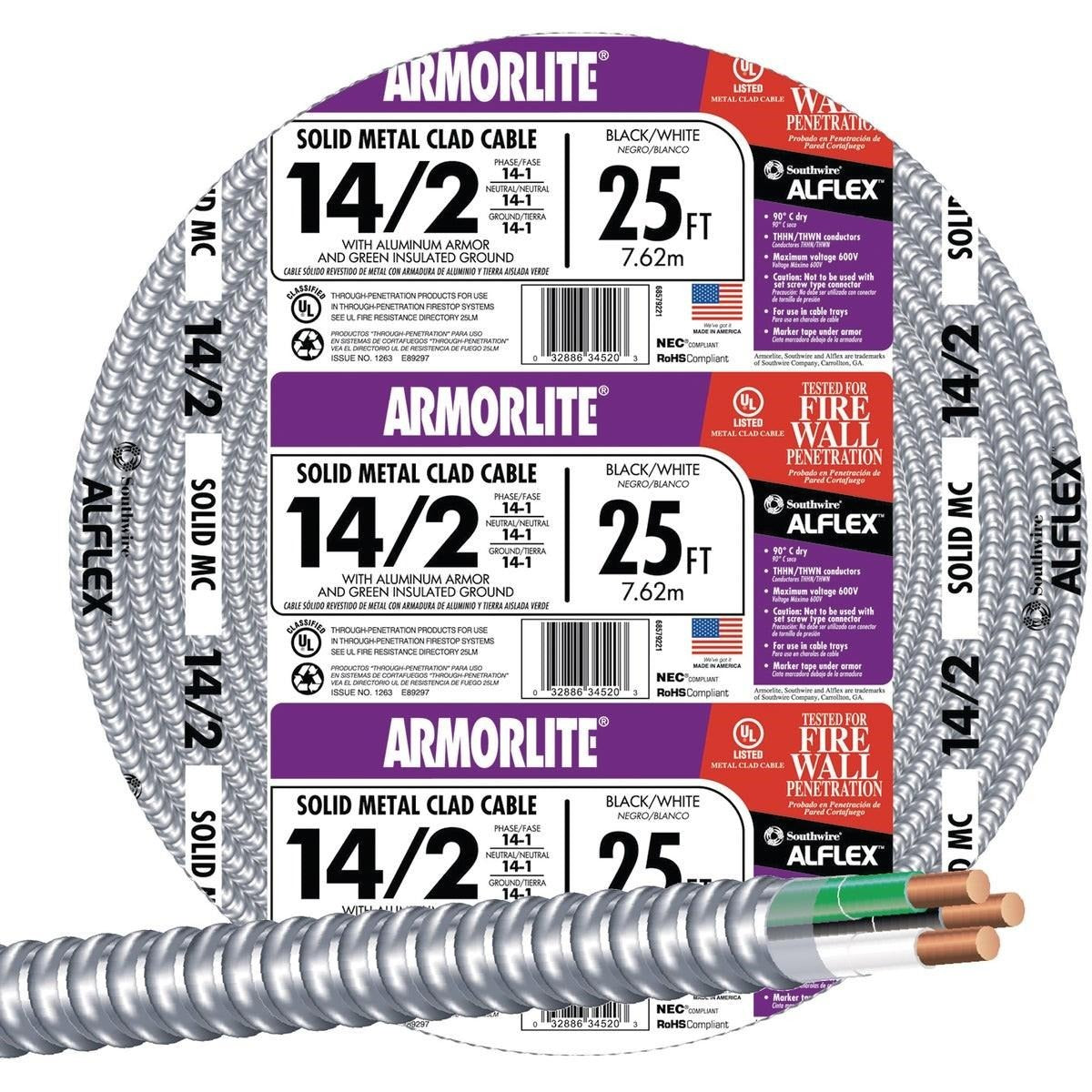 SOUTHWIRE SOUTHWIRE 68579221 MC Armored Cable 25 Ft 14/2 Electrical Wire
