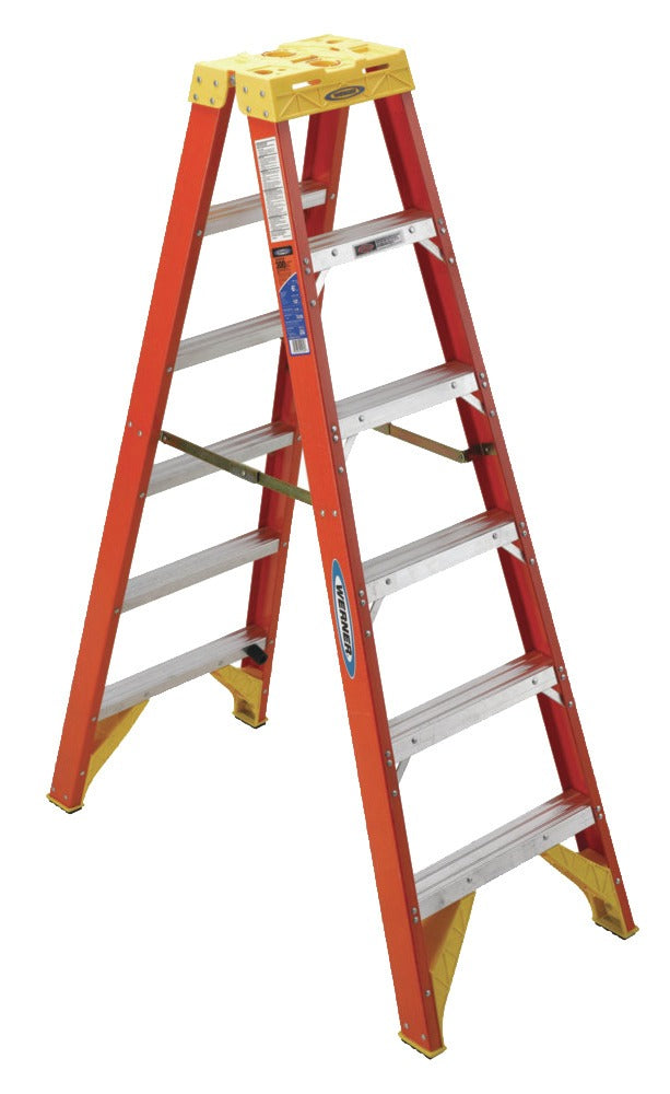 WERNER WERNER T6206 6 ft Dual Access Fiberglass Step Ladder 300 lb Capacity