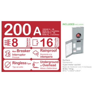 SCHNEIDER ELECTRIC Schneider Electric RC816F200C Ringless Surface Mount Meter Main 200A (8-Space/16-Circuit)