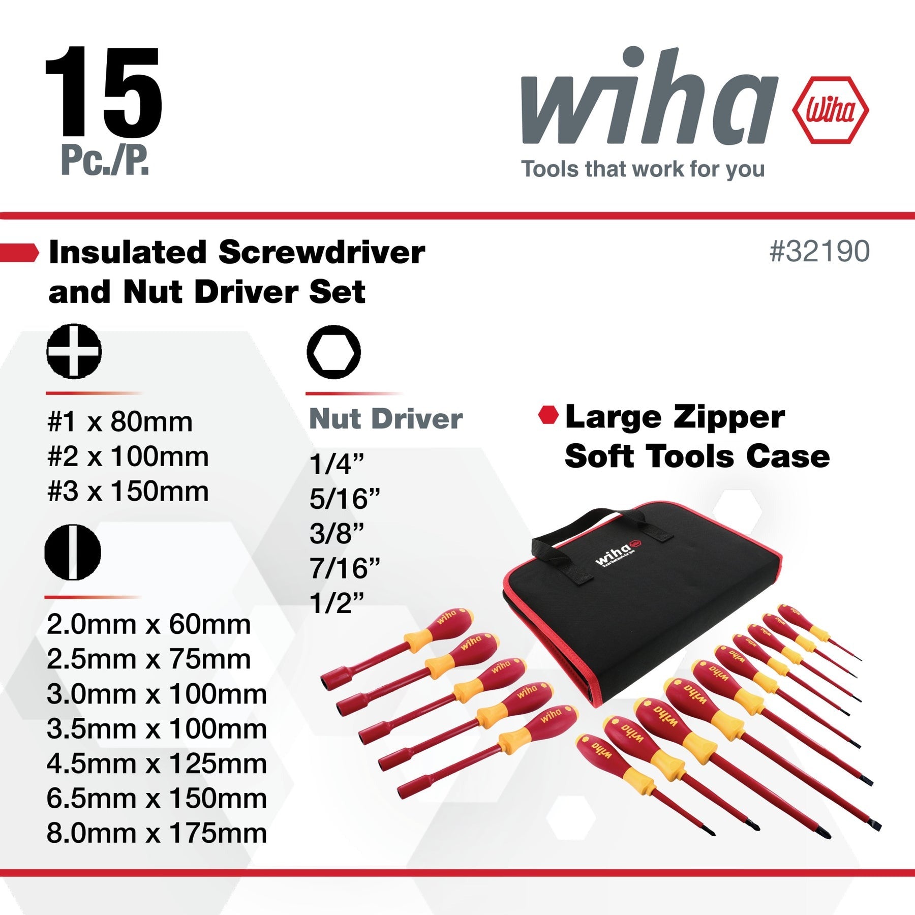 WIHA Wiha 32190 Insulated Screwdriver and Nutdriver Set 1000 V (15 Piece)