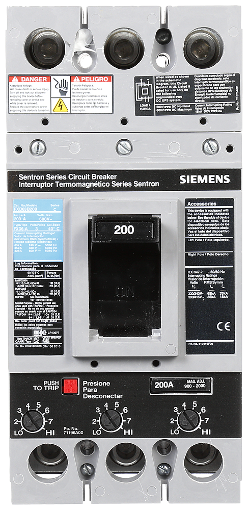 Siemens FXD63B200L 3-Pole 200 Amp 600 VAC 22 kA ETI Circuit Breaker