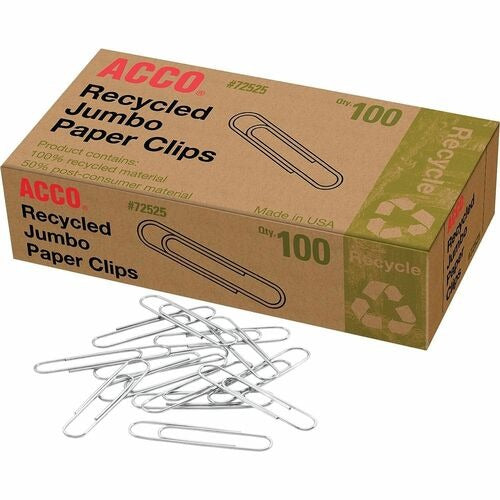 ACCO Acco ACC72525 Recycled Jumbo Paper Clips No 4 Box 100