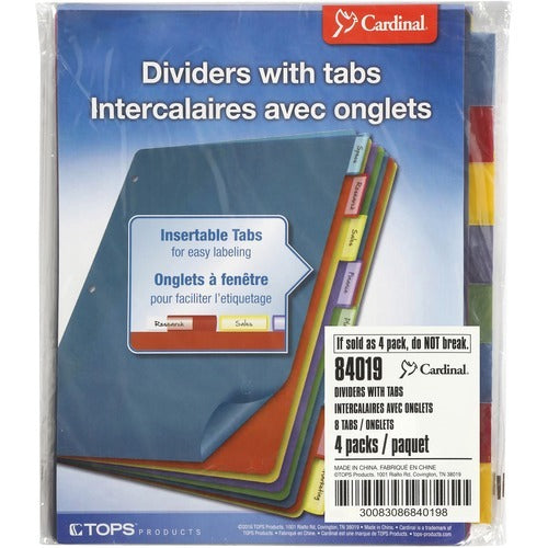 CARDINAL Cardinal CRD84019 Poly Binder Dividers 8-tab Pack of 4