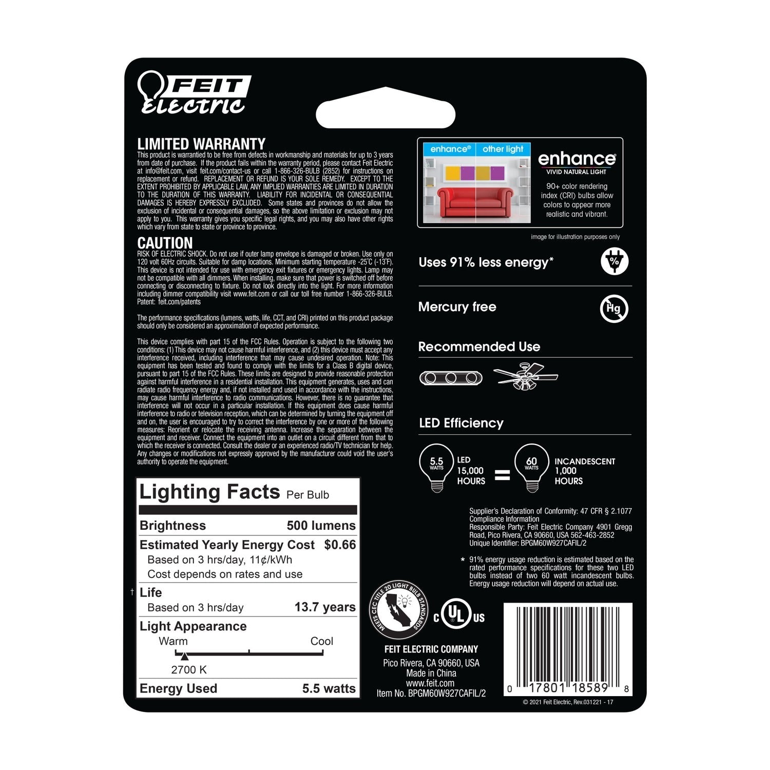 FEIT ELECTRIC Feit Electric BPGM60W927CAFIL/2 G16-1/2 globe filament LED bulb 5.5W (2-pack) 60W equivalent