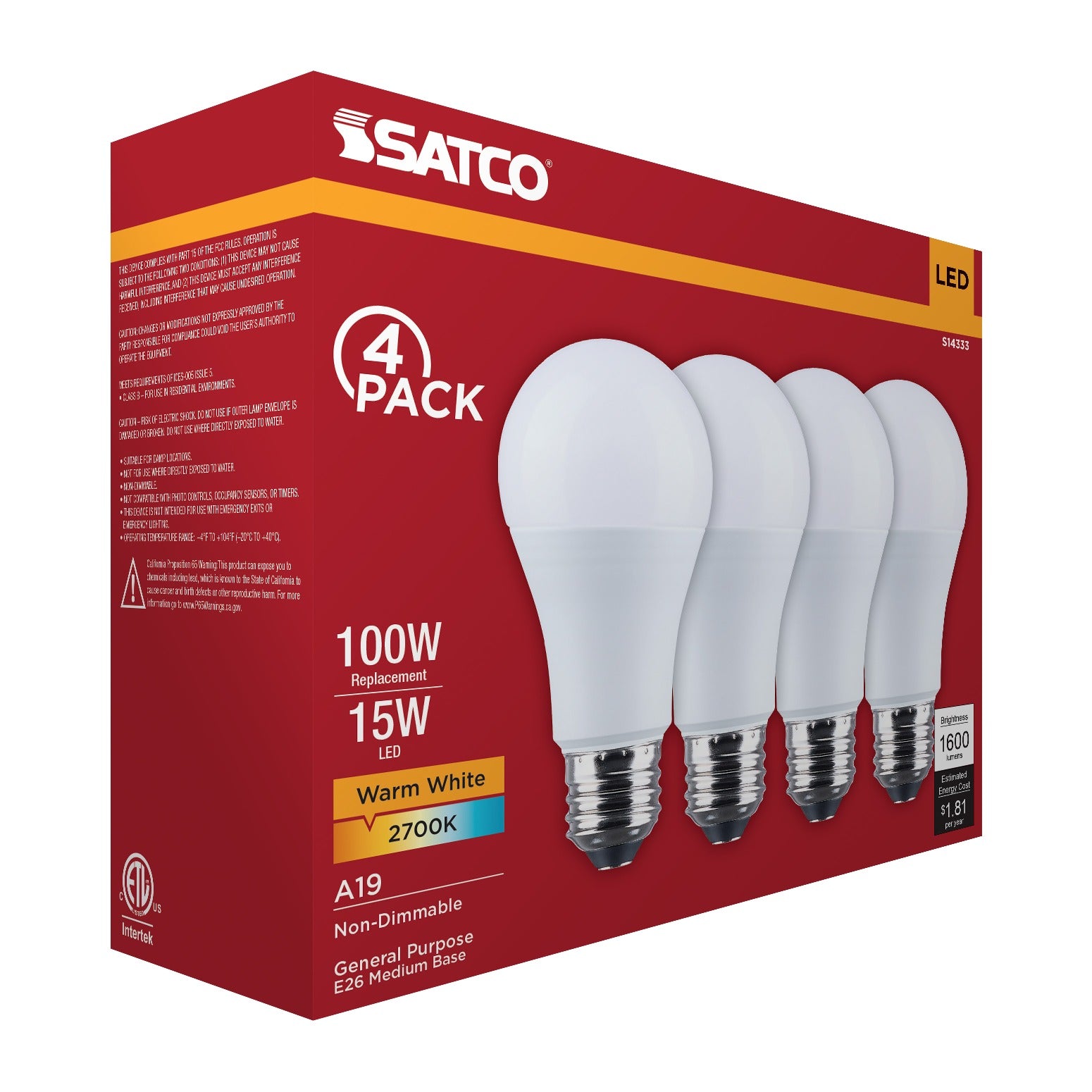 SATCO Satco S14333 LED A19 Medium Base 15W (4-Pack)
