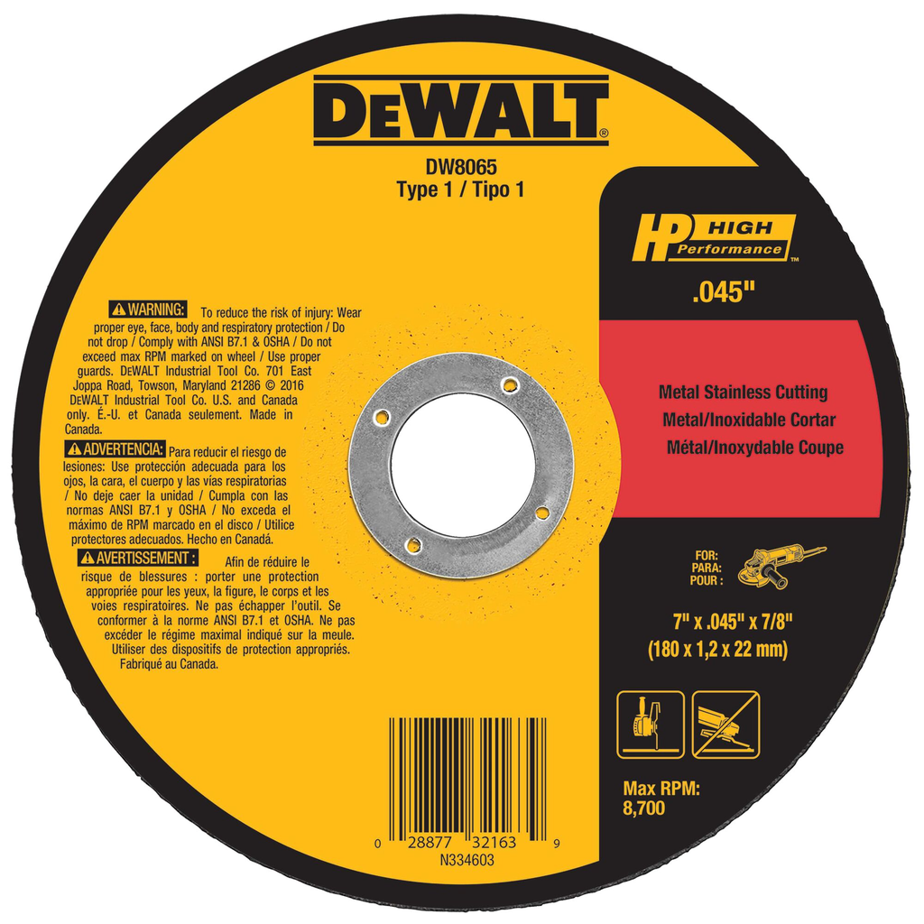 Dewalt DW8065 Metal Cut-Off Wheel 7 Inch 7/8 Inch Arbor 0.045 Inch Thick