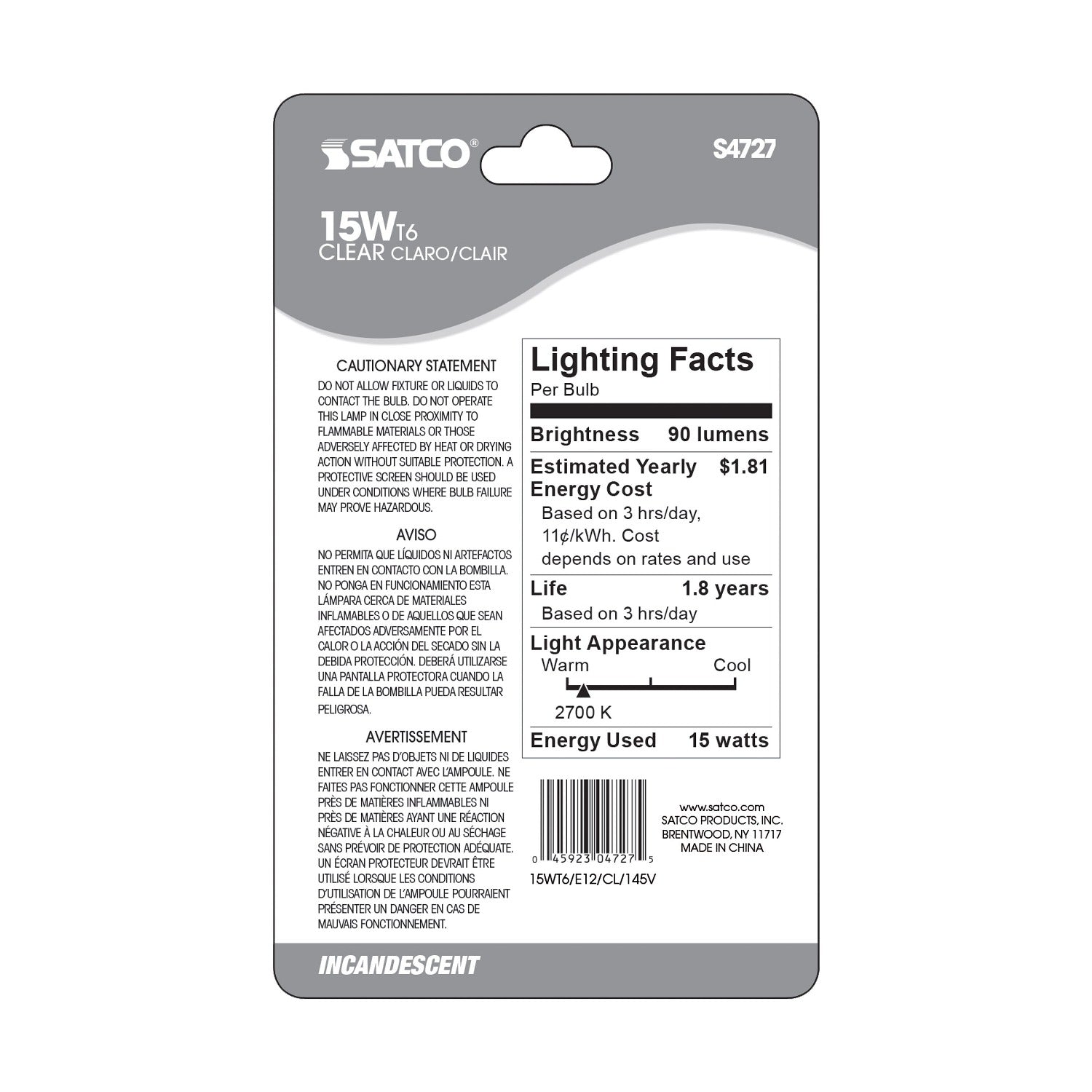 SATCO Satco S4727 T6 Incandescent Bulb 15 Watt (Carded)