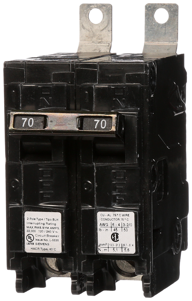 Siemens B270H 2-Pole 70 Amp 120/240 VAC 22 kA Bolt-On Molded Case Circuit Breaker