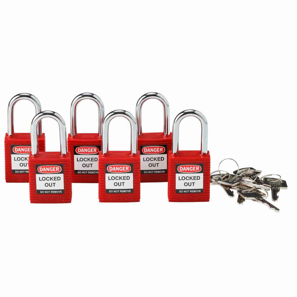 Brady 105890 Anti-Spark Key Retaining Open Shackle Safety Padlock, Alike Key, Red, Fiberglass Reinforced Nylon Body, 1/4 in Dia x 1-1/2 in H x 0.8 in W Triple Coated Hardened Steel Shackle