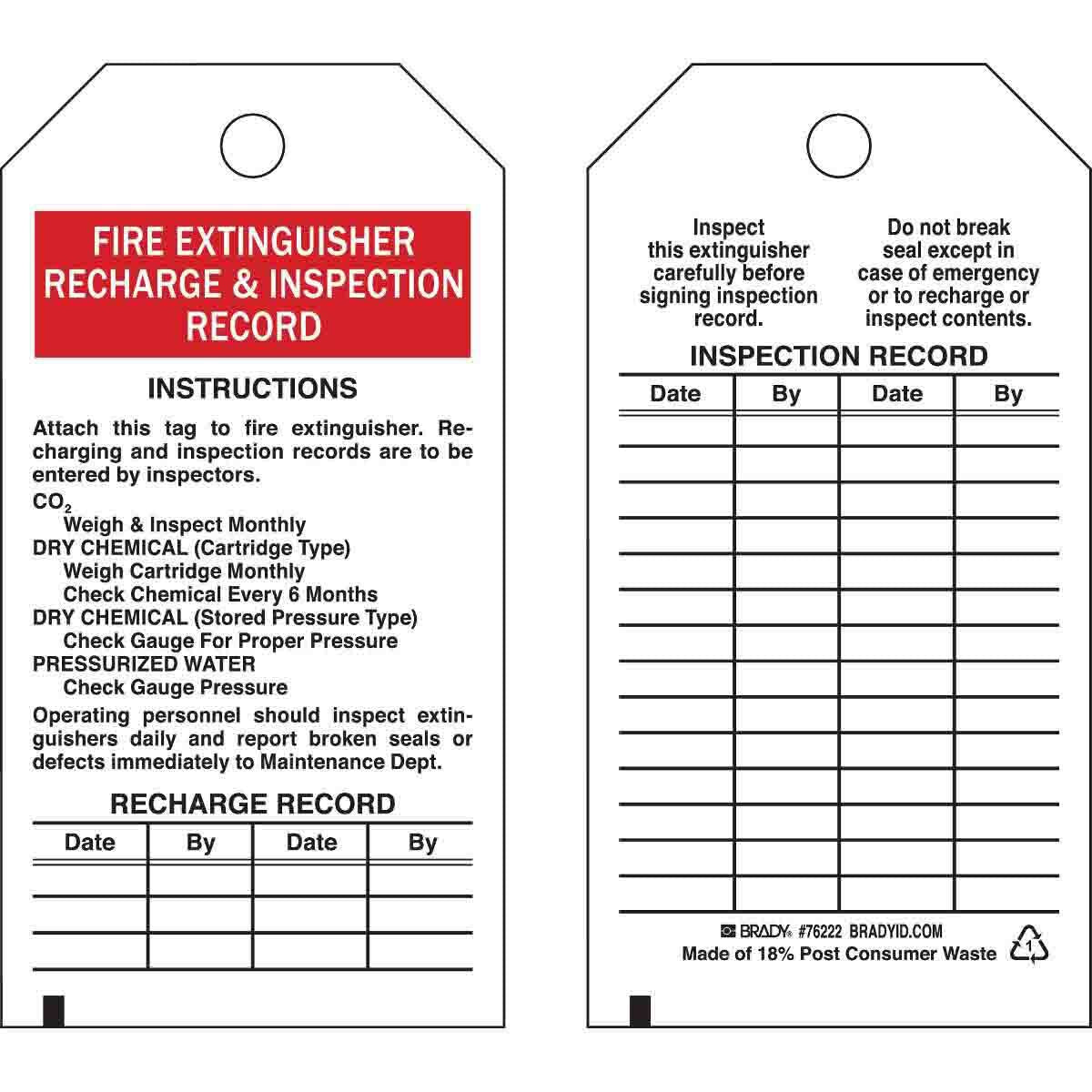 Brady 76222 Rectangular Fire Extinguisher Tag 5.75 in H x 3 in W B-851 Polyester