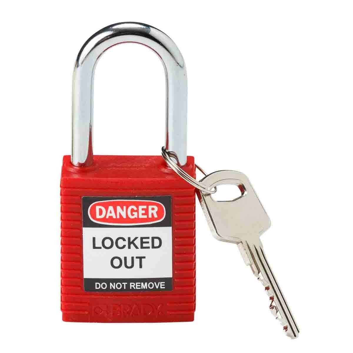 Brady 99552 Anti-Spark Key Retaining Safety Padlock, Different Key, Red, Fiberglass Reinforced Nylon Body, 1/4 in Diameter x 1-1/2 in Height x 0.8 in Width Triple Coated Hardened Steel Shackle, 1-3/4 in Length Body, Non-Conductive Conductivity