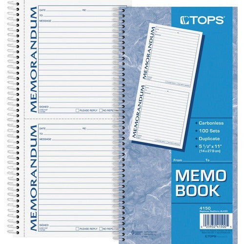 TOPS Tops TOP4150 Carbonless 2-part Memo Book Spiral Bound