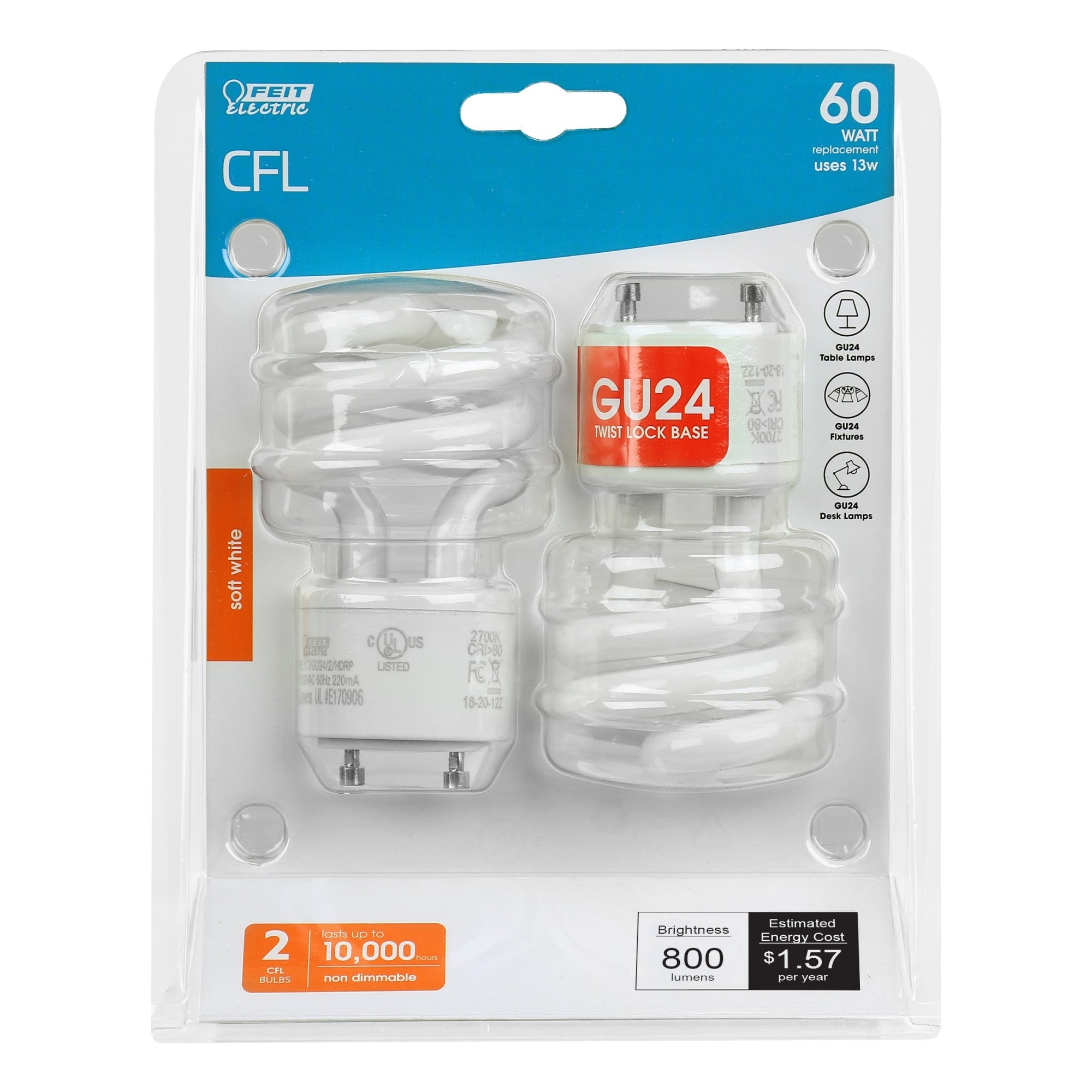 FEIT ELECTRIC Feit Electric BPESL13T/GU24/2/HDRP Mini Twist GU24 CFL 13W (2-Pack) 60W Replacement