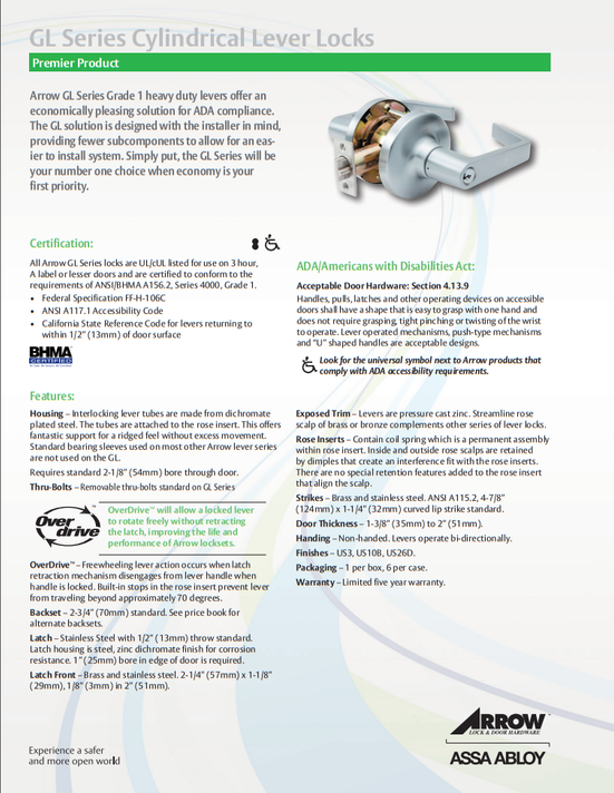 ARROW Arrow GL82-SR-26D-IC Storeroom Cylindrical Lever Lock Sierra Lever (SFIC Less Core)