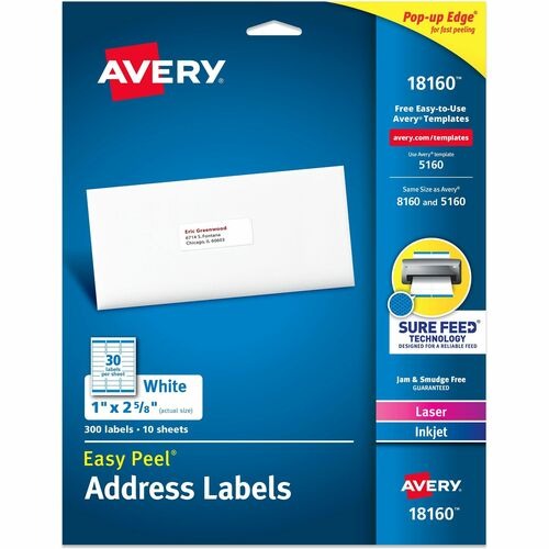 AVERY Avery AVE18160 Address Labels 1x2.625 in White 300 Pack