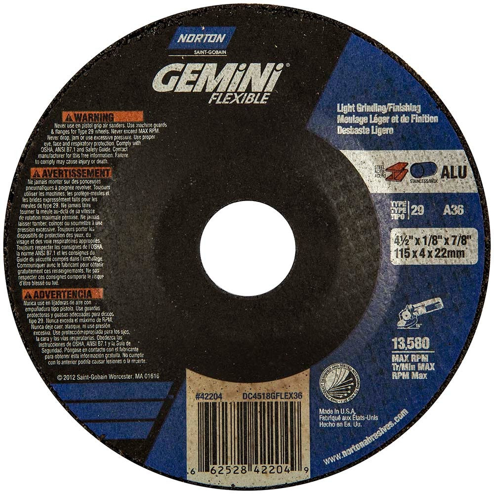 NORTON Norton 66252842204 Type 29 Grinding Wheel 4.5in 36 Grit