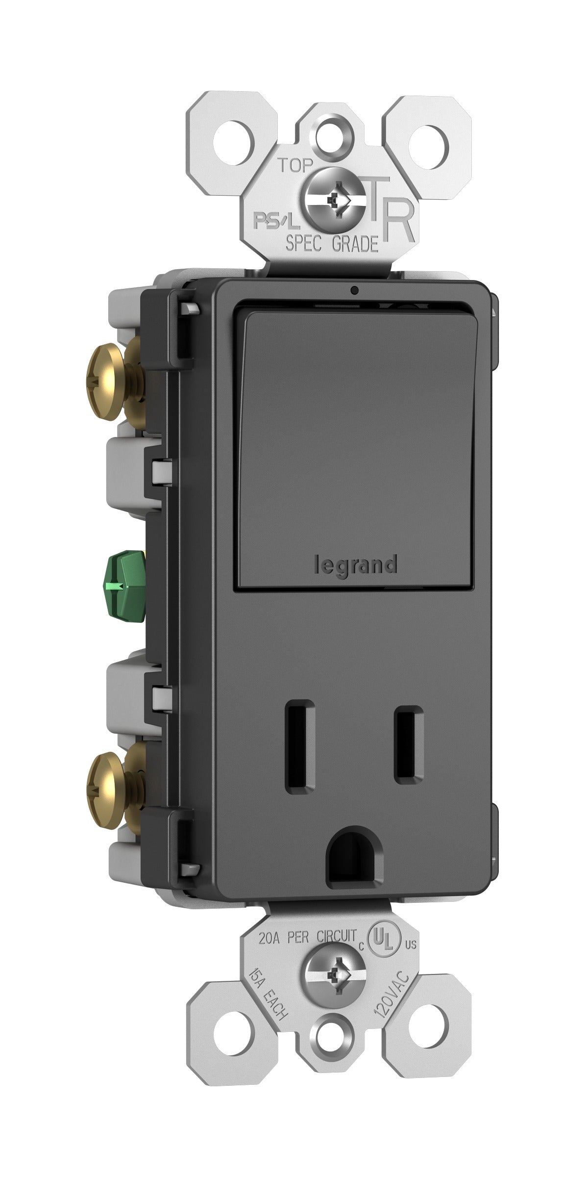 LEGRAND Legrand RCD38TRBK 3-Way Tamper-Resistant Combination Switch/Receptacle 15A 120/125 VAC (1.29 in W x 1.43 in D x 3.81 in H)