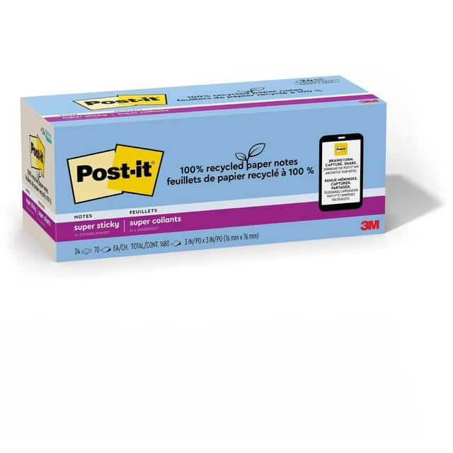 3M 3M MMM654R24SSTCP Post-it Recycled Super Sticky Notes (3 x 3 / 24 Pack) 654R24SSTCP