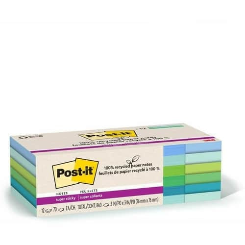 3M 3M MMM654R12SST Post-it Recycled Super Sticky Notes (3 x 3 / 70 Sheets / 12 Pack) 654R12SST