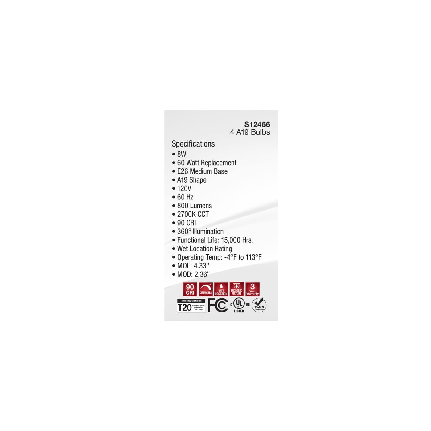 SATCO Satco S12466 8W A19 LED Lamp 4-Pack