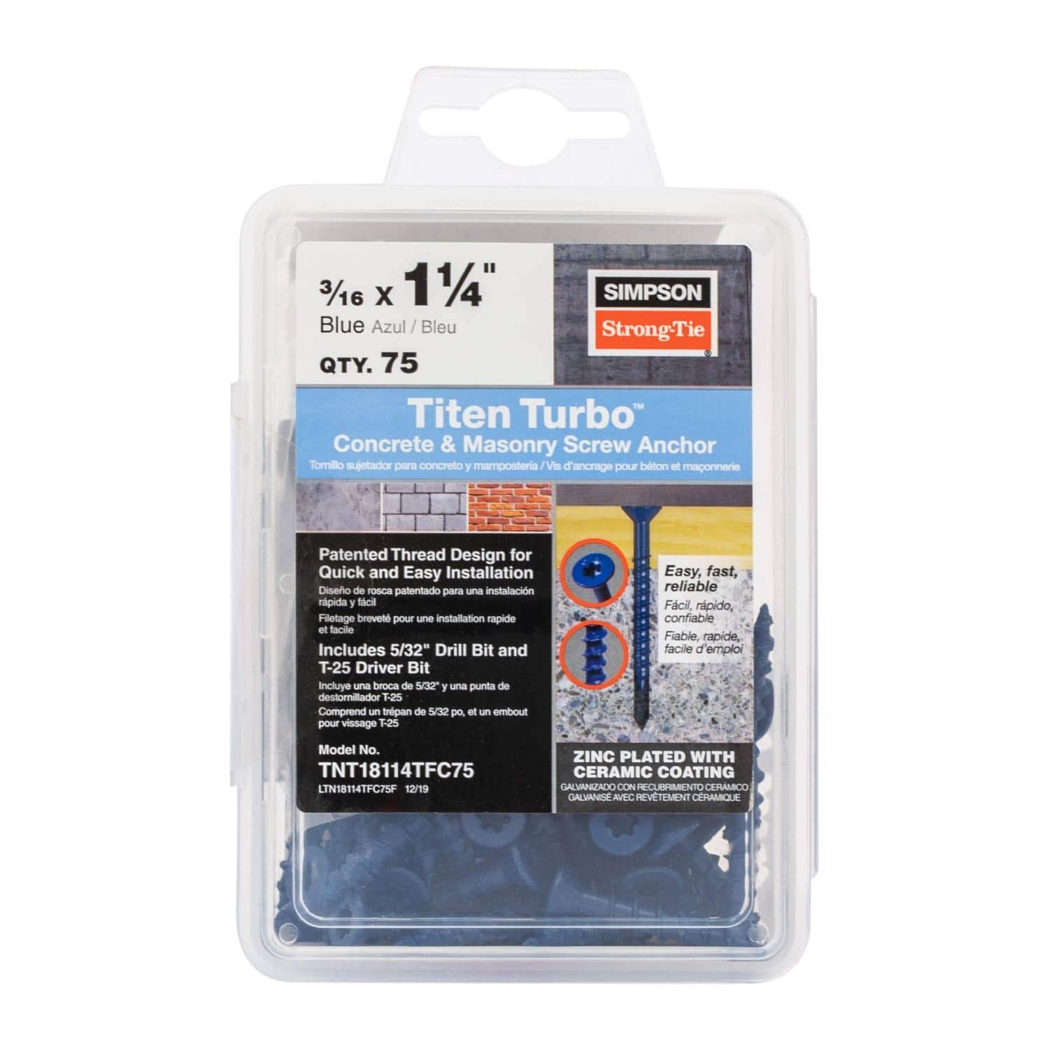 SIMPSON STRONG-TIE Simpson Strong-Tie TNT18114TFC75 Titen Turbo 3/16 x 1-1/4 Flat-Head 75-Pack
