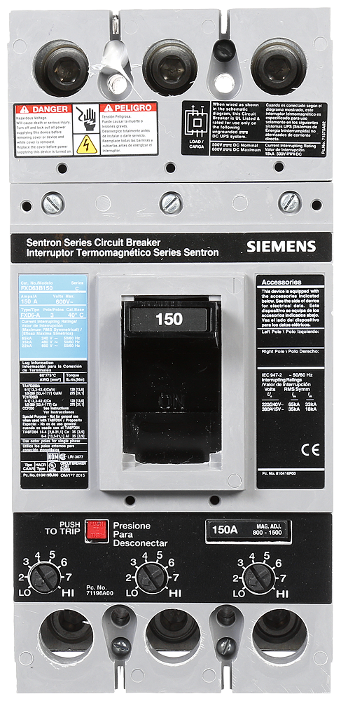 Siemens FXD63B150L 3-Pole 150 Amp 600 VAC 22 kA ETI Circuit Breaker