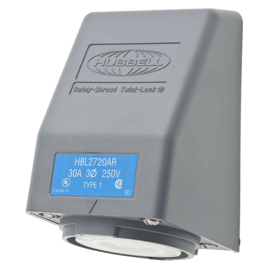 HUBBELL Hubbell HBL2720AR Safety-Shroud Twist-Lock Locking Receptacle 3 hp (Angled)