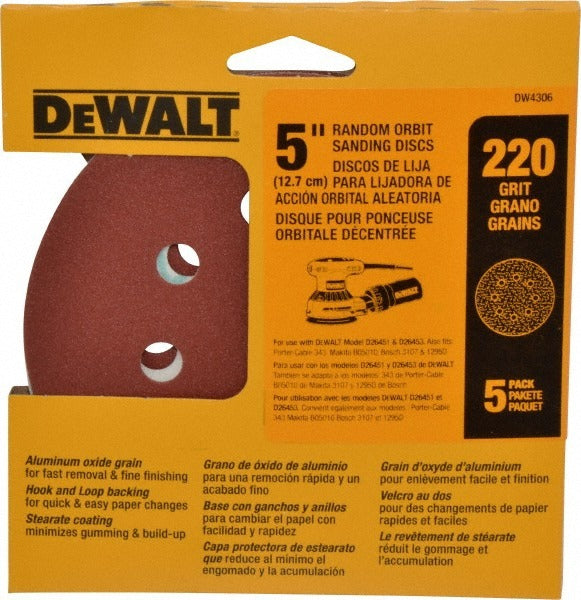 DEWALT Dewalt DW4306 Hook Loop Sanding Disc 220 Grit 5 in 5 Pack